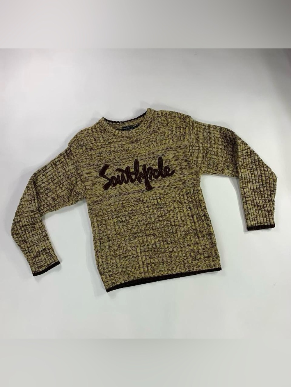 Southpole marled knit sweater brown beige script logo gorpcore streetwear vintag